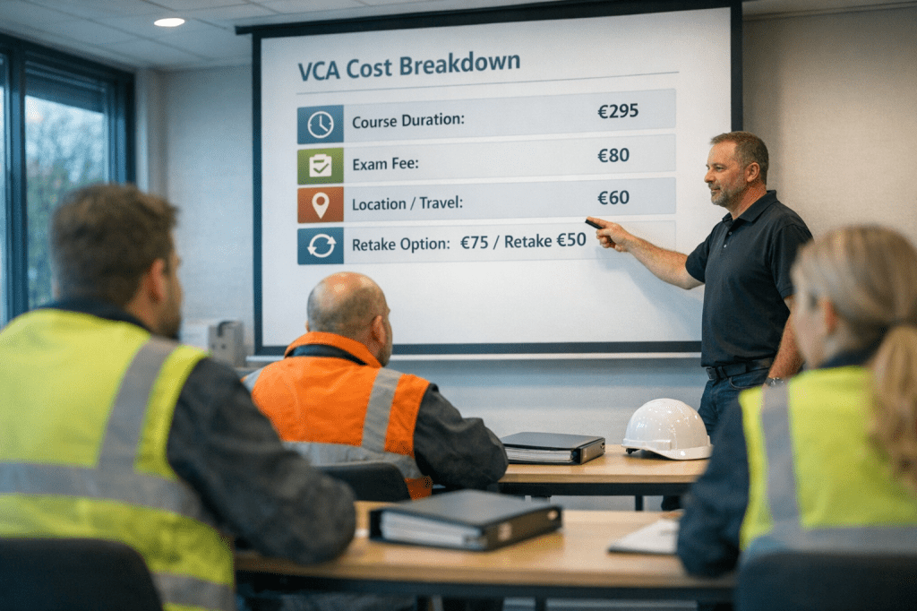 Wat zijn de kosten van een VCA opleiding en welke factoren bepalen de prijs (duur, examen, locatie en herexamens)?